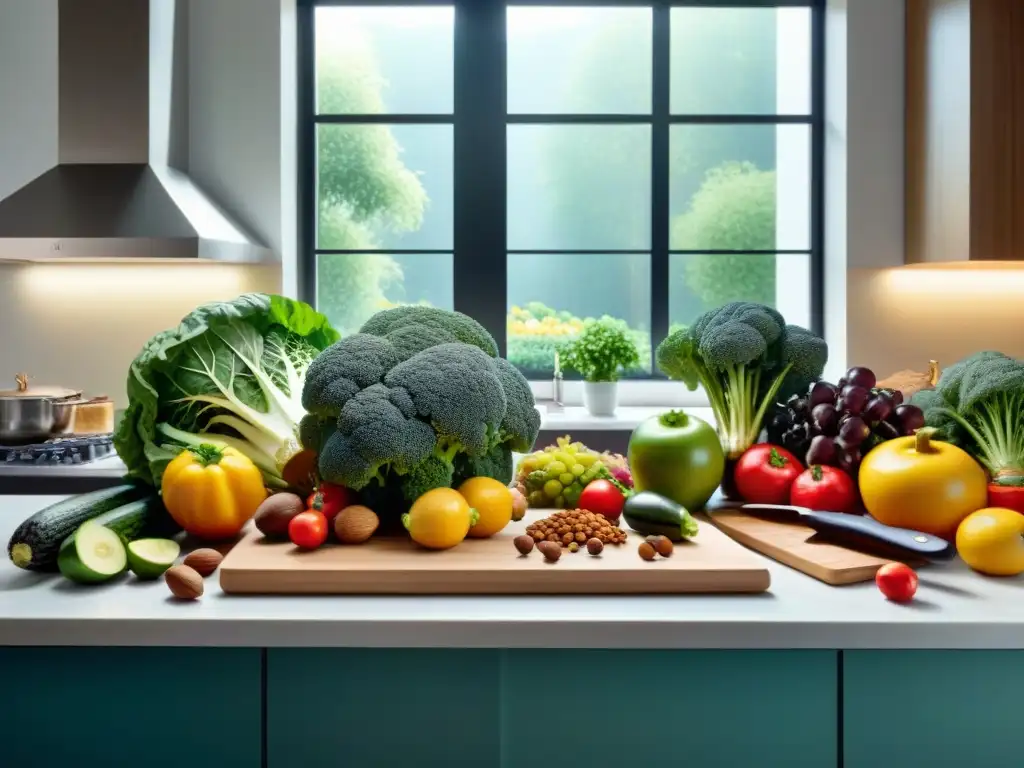 Una cocina moderna llena de frutas, verduras y frutos secos