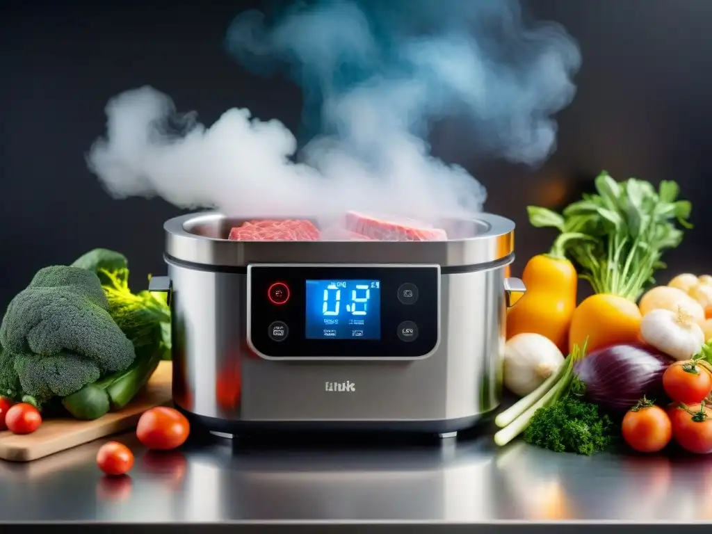 Una cocina moderna con máquina sous vide cocinando sin gluten, rodeada de ingredientes frescos y coloridos