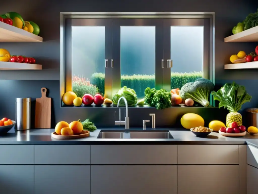 Una cocina moderna y ordenada con frutas y verduras frescas, transmitiendo limpieza y salud