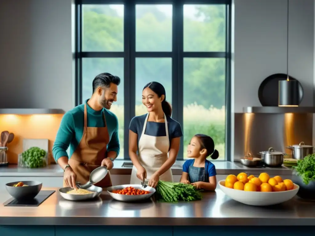 Una cocina moderna y organizada con la familia cocinando juntos en un ambiente libre de gluten, previniendo la contaminación cruzada