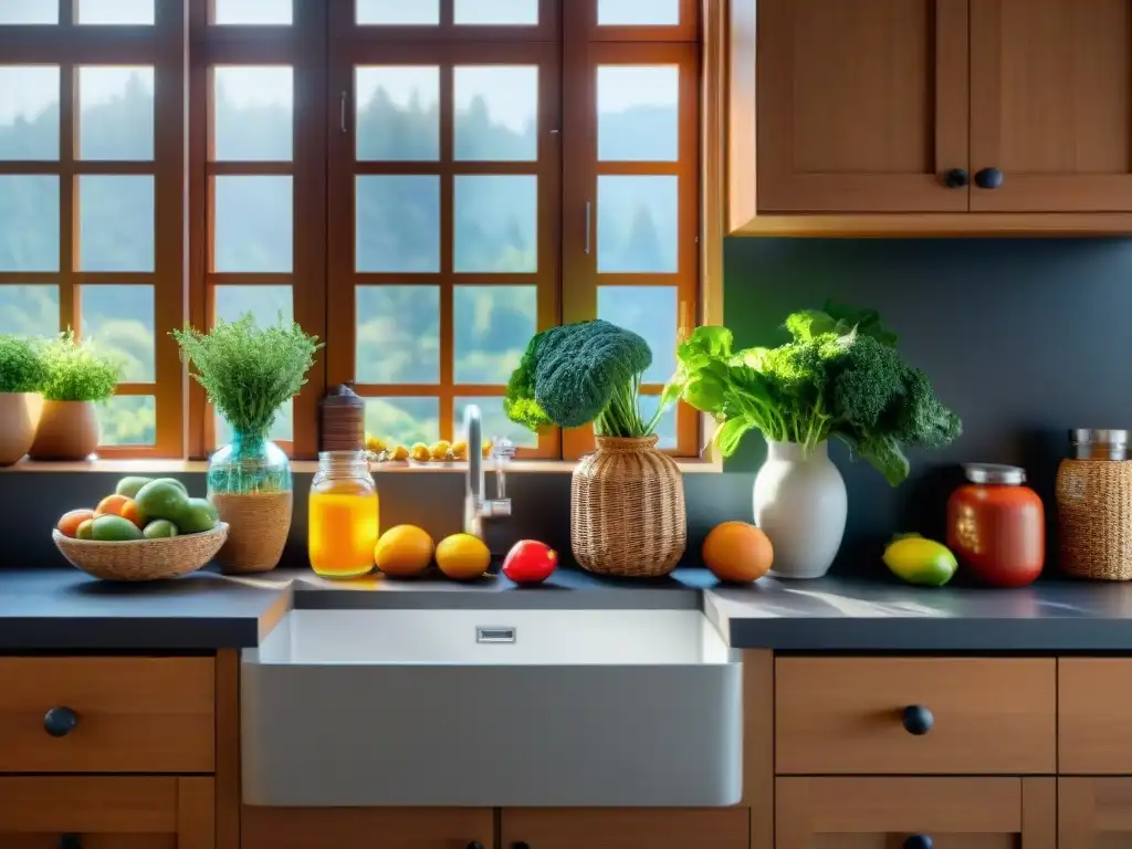 Una cocina moderna y organizada con frutas y verduras coloridas, bañada por la luz del sol