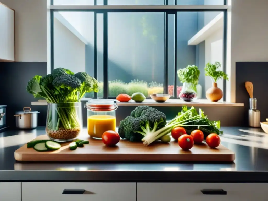 Una cocina moderna impecablemente organizada con ingredientes sin gluten, evitando la contaminación cruzada