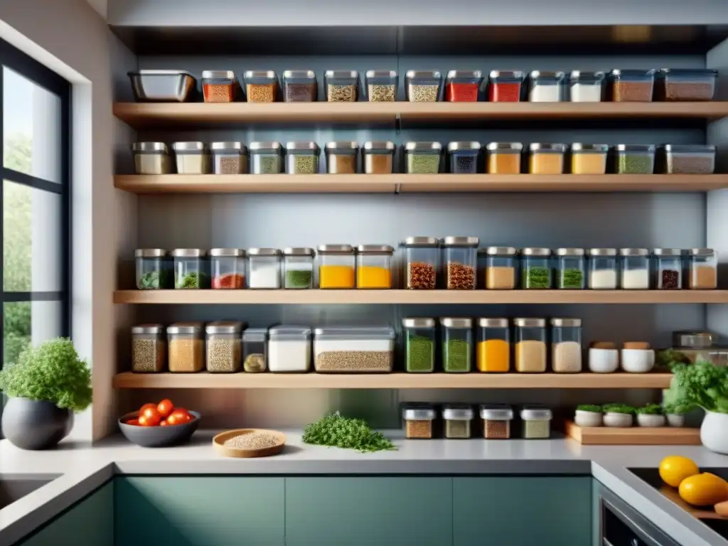 Una cocina moderna y organizada con ingredientes sin gluten etiquetados, resaltando un ambiente seguro y libre de contaminación