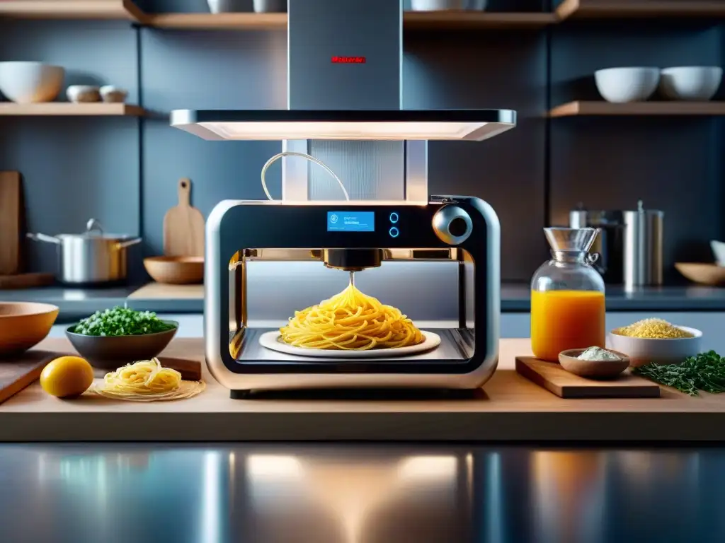 Cocina moderna con impresión 3D creando platos sin gluten, ambiente futurista y acogedor