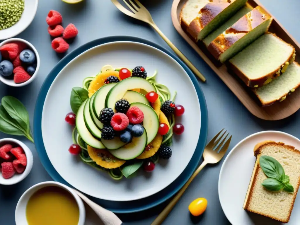 Una cocina moderna repleta de creativas recetas sin gluten innovadoras, como ensalada de quinoa y tarta de frutas frescas