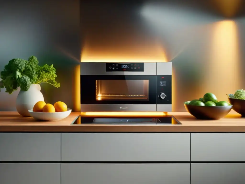 Una cocina moderna con tecnología avanzada y temporizadores inteligentes para cocina sin gluten, iluminada por luz natural