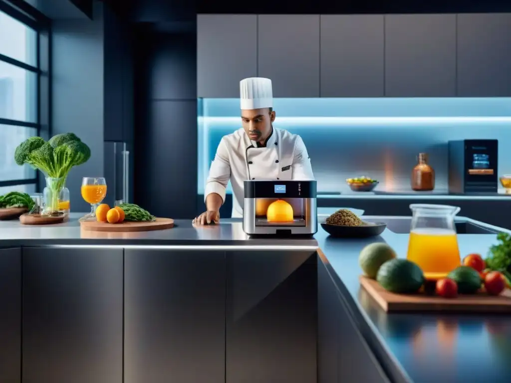 Una cocina moderna con tecnología de impresión 3D integrada, donde un chef prepara platos sin gluten con creatividad y precisión