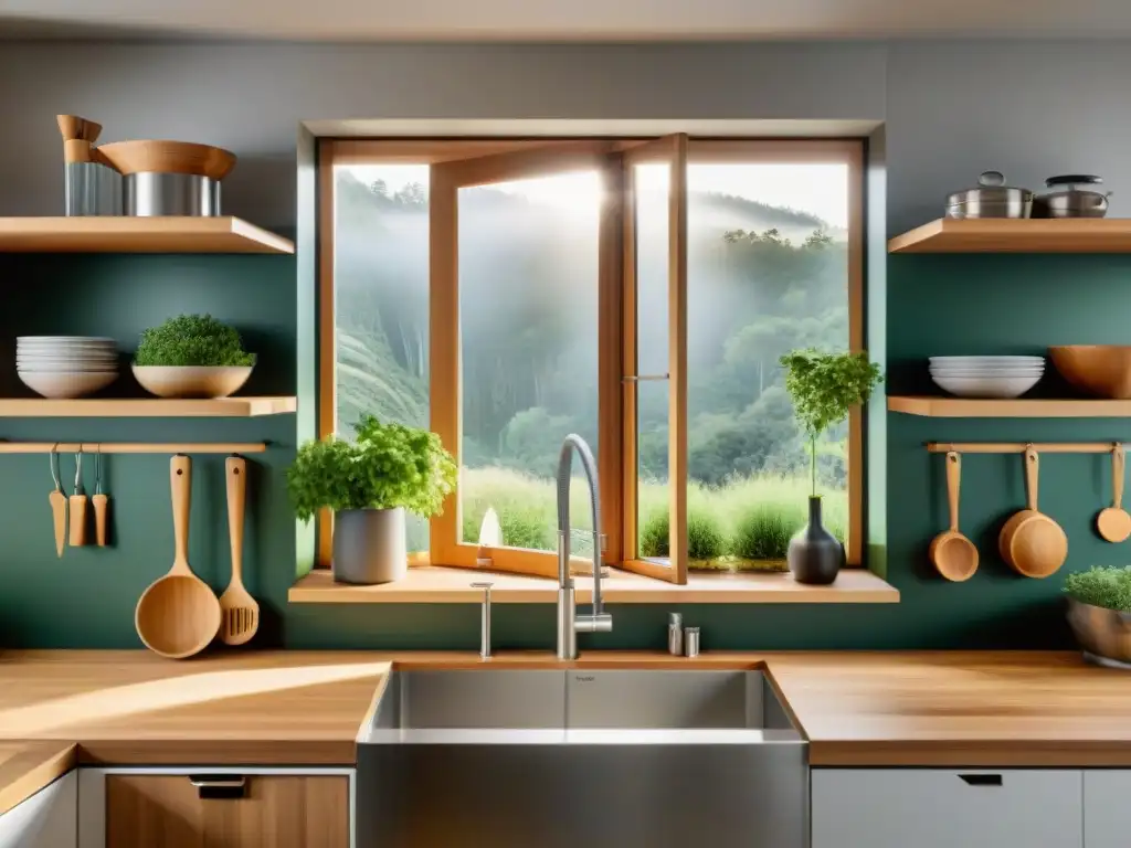 Una cocina moderna con utensilios ecológicos sin gluten de bamboo, acero inoxidable y silicona, organizados en una encimera de madera