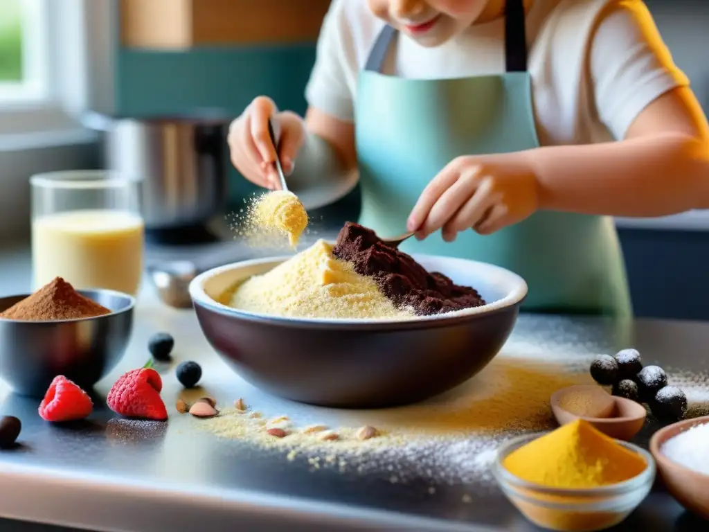 En la cocina, un niño mezcla ingredientes sin gluten con alegría