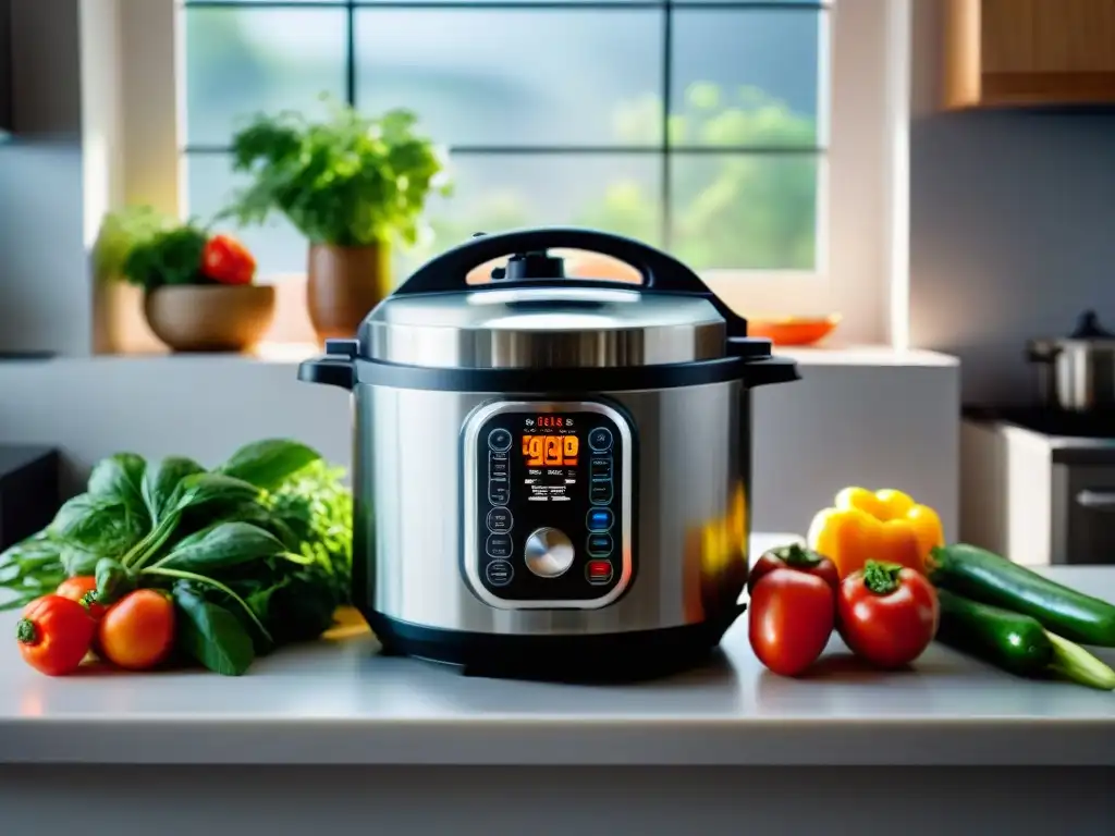 Una cocina sin gluten y una olla de presión en un mostrador con verduras frescas y coloridas, bañadas por la luz cálida del sol