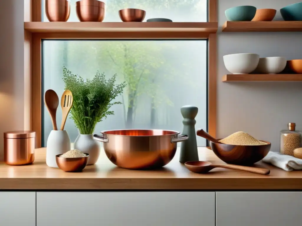 Cocina organizada con utensilios glutenfree Una cocina ordenada con utensilios esenciales sin gluten: cuencos, cucharas, platos, quinoa, mortero, ollas cobre