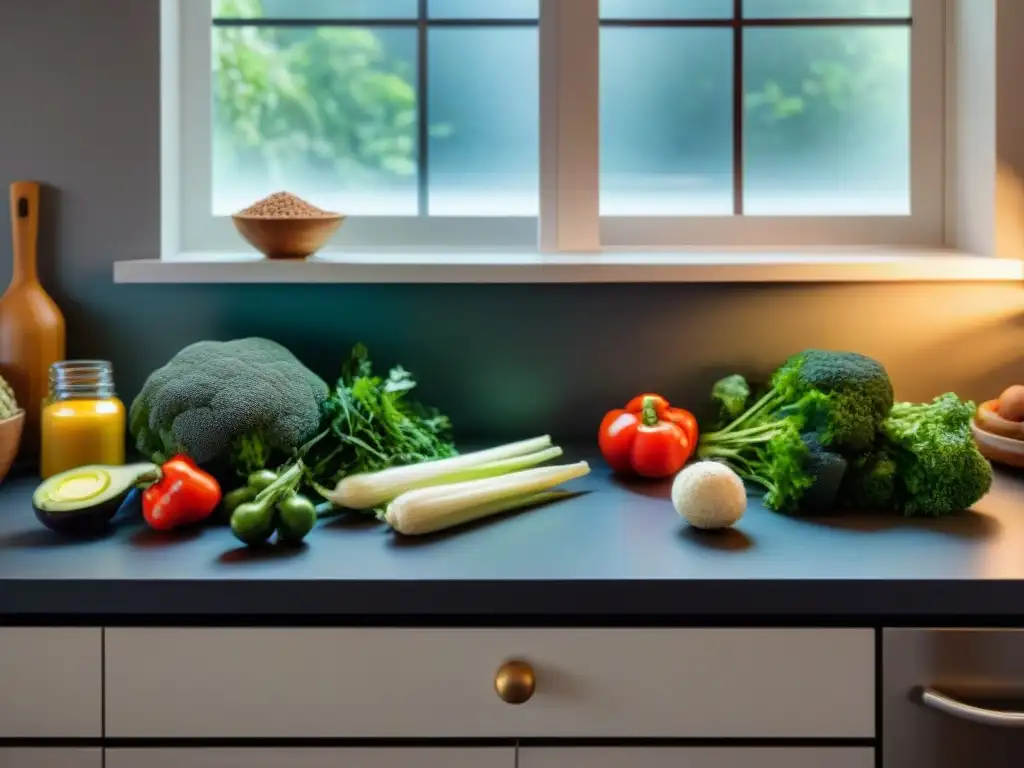 Una cocina ordenada con vegetales frescos, granos sin gluten y utensilios, iluminada por luz natural