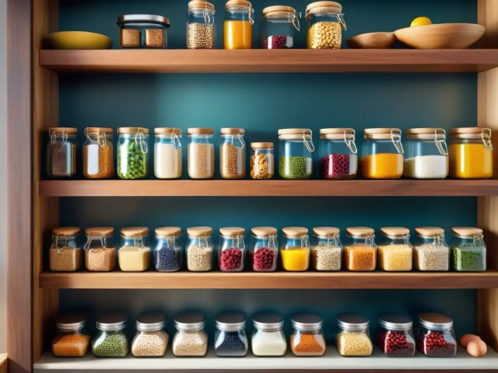 Cocina organizada con alimentos sin gluten en tarros de vidrio etiquetados en estantes de madera, transmitiendo orden y salud