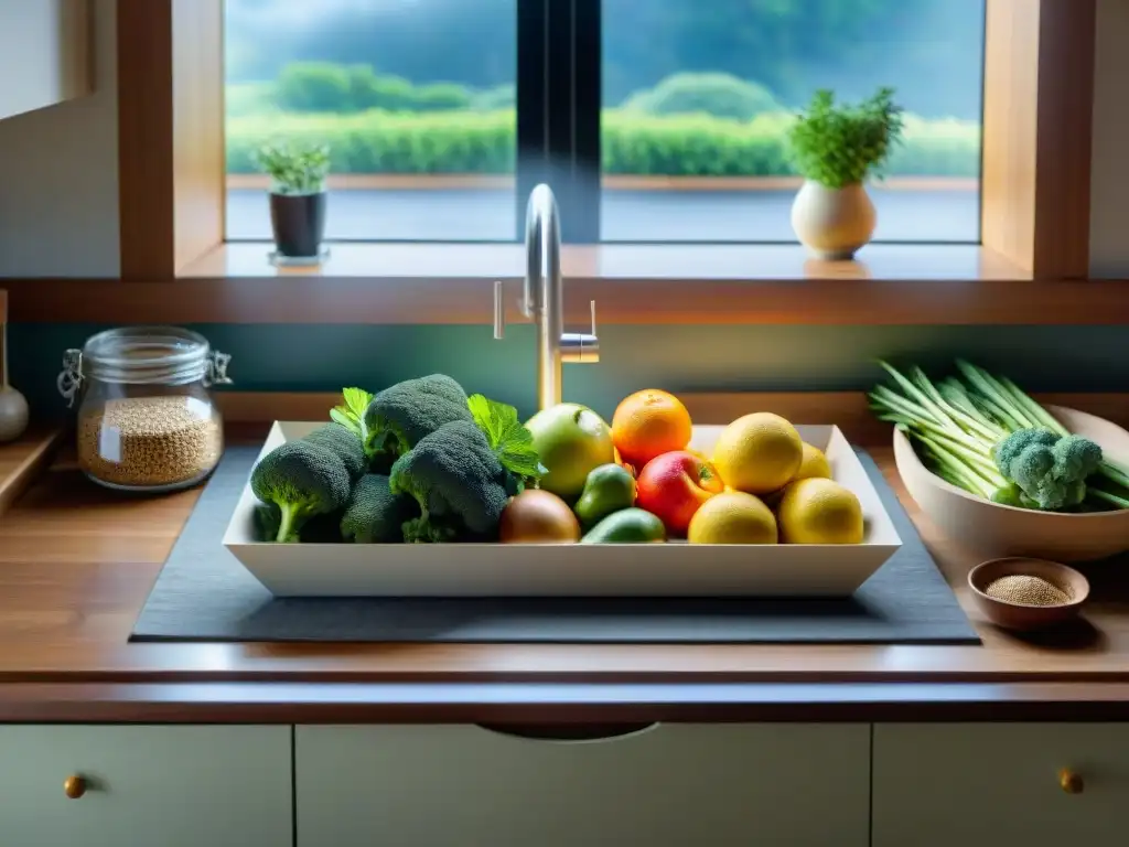 Cocina organizada para evitar contaminación cruzada con ingredientes sin gluten y alimentos frescos, etiquetados y coloridos