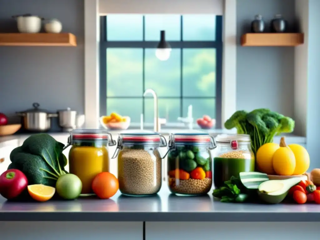 Una cocina organizada con frutas, verduras y granos sin gluten, junto a una tablet con software de Planificación de comidas sin gluten