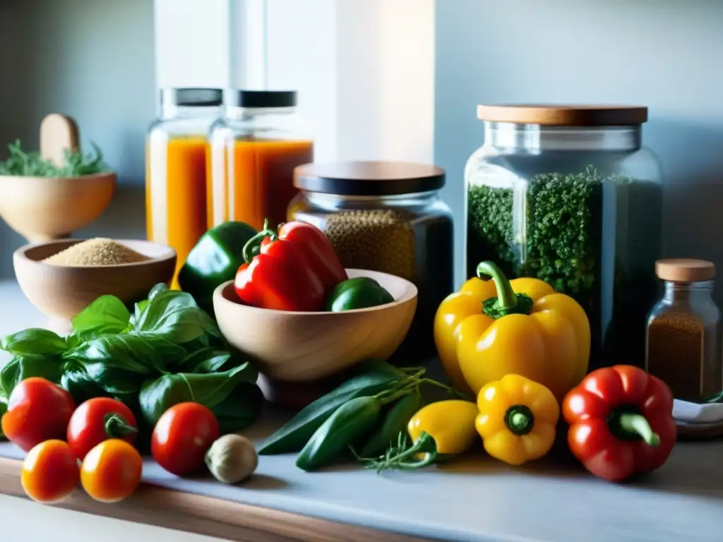 Una cocina meticulosamente organizada con ingredientes frescos y coloridos en bowls de madera y cestas de mimbre