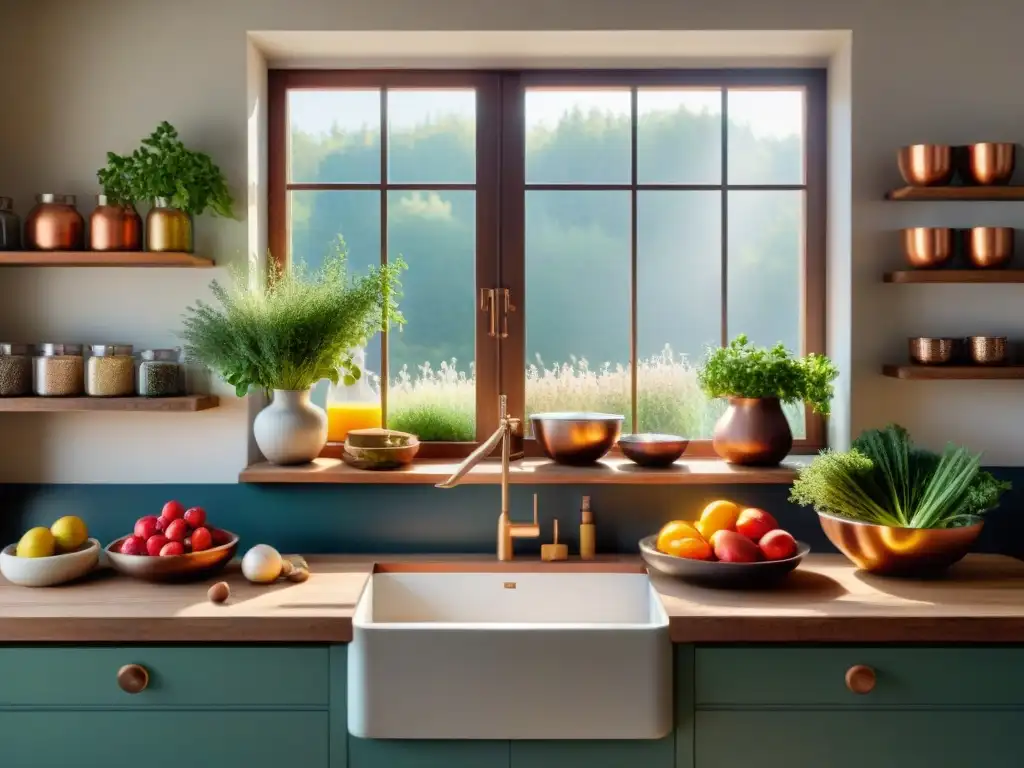 Una cocina sin gluten y mindfulness: despensa organizada con ingredientes saludables, luz cálida ilumina encimera de madera y utensilios de cobre