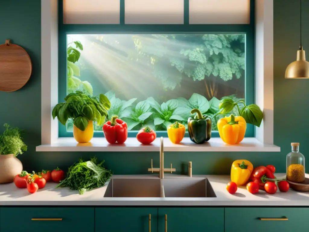 Cocina saludable con ingredientes frescos y coloridos Una cocina radiante llena de ingredientes frescos y coloridos, lista para una deliciosa y fácil preparación sin gluten