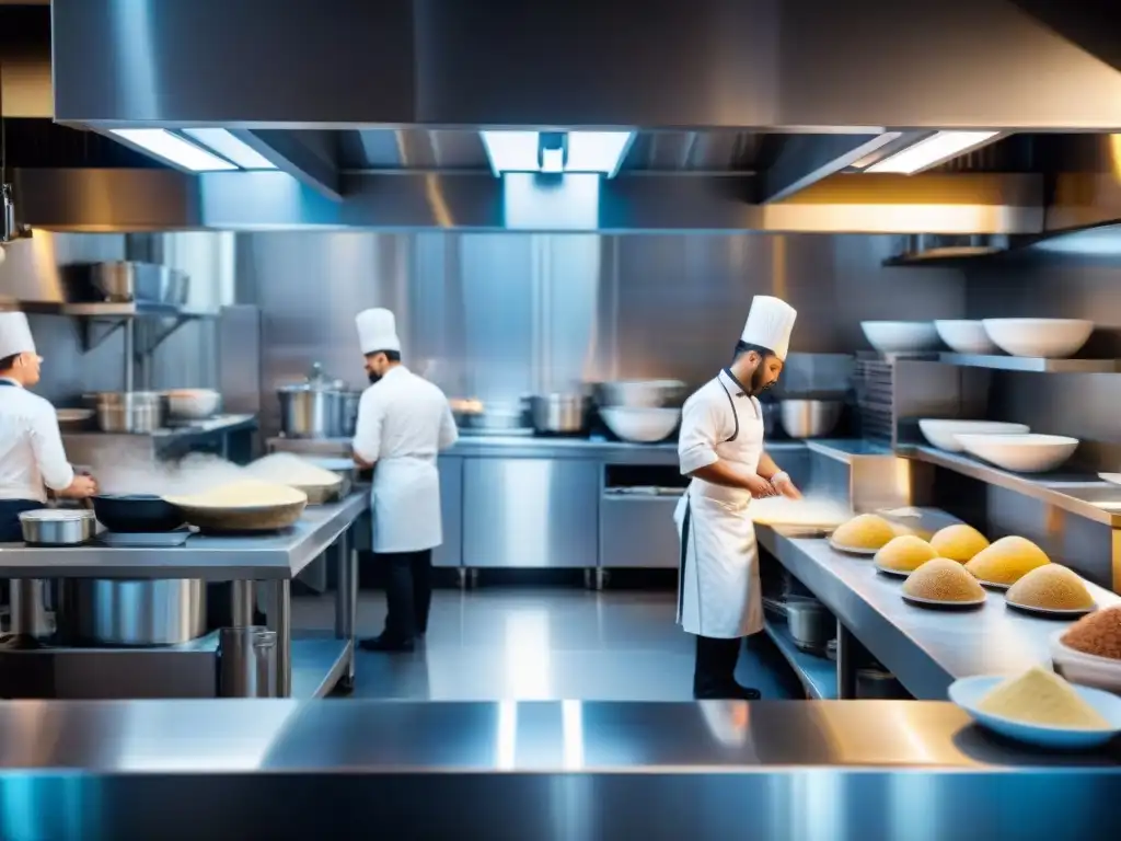 Cocina de restaurante ocupada; chefs trabajan en estaciones separadas, una 'Libre de Gluten', evitando contaminación cruzada alimentos sin gluten