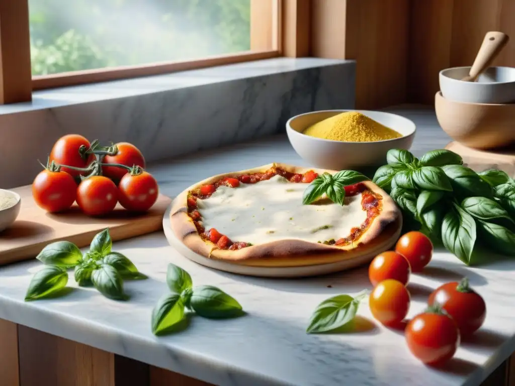 Una cocina rústica con ingredientes frescos para receta pizza sin gluten casera