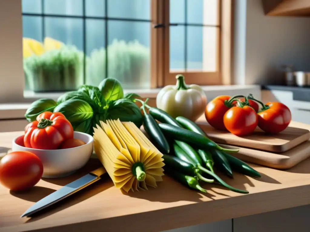 Una cocina rústica con pasta vegana sin gluten auténtica y utensilios de cocina coloridos bajo la luz natural