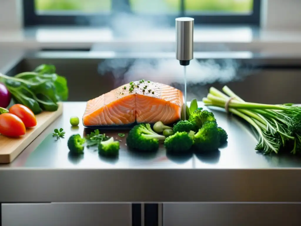 Una cocina saludable sin gluten sousvide: salmon fresco cocinado con precisión, rodeado de verduras vibrantes