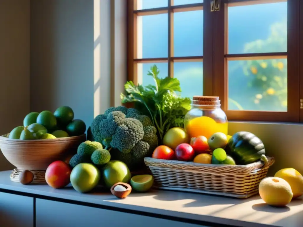 Una cocina serena y acogedora con frutas, verduras y granos sin gluten, creando un ambiente tranquilo y saludable