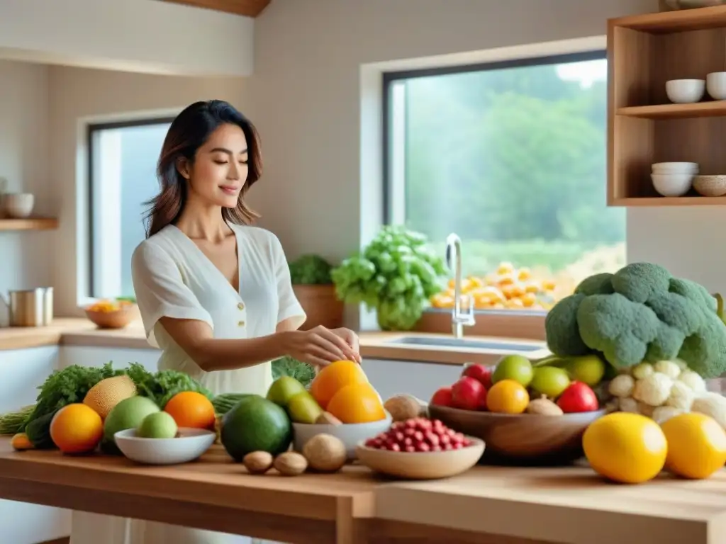 Una cocina serena y acogedora, llena de alimentos coloridos en una mesa de madera rústica