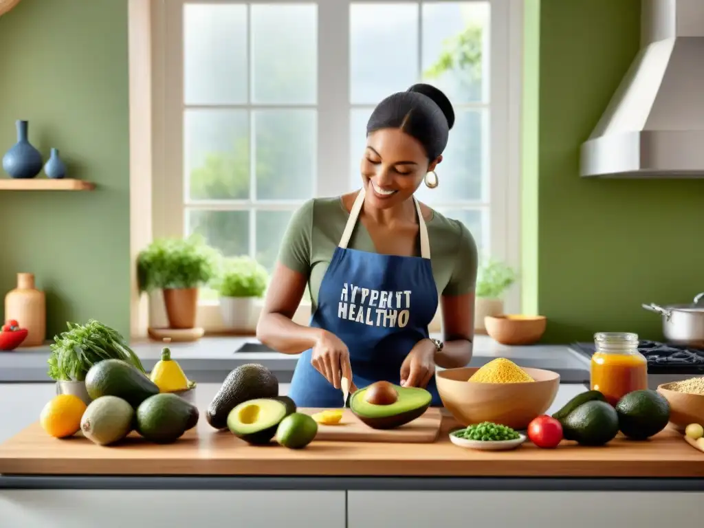 Una cocina serena y acogedora donde una mujer prepara con alegría una variedad colorida de ingredientes frescos y sin gluten