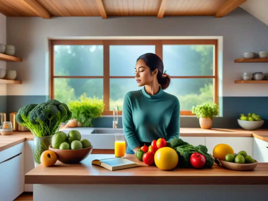 Una cocina serena con alimentos frescos, libros de recetas sin gluten y una persona practicando mindfulness