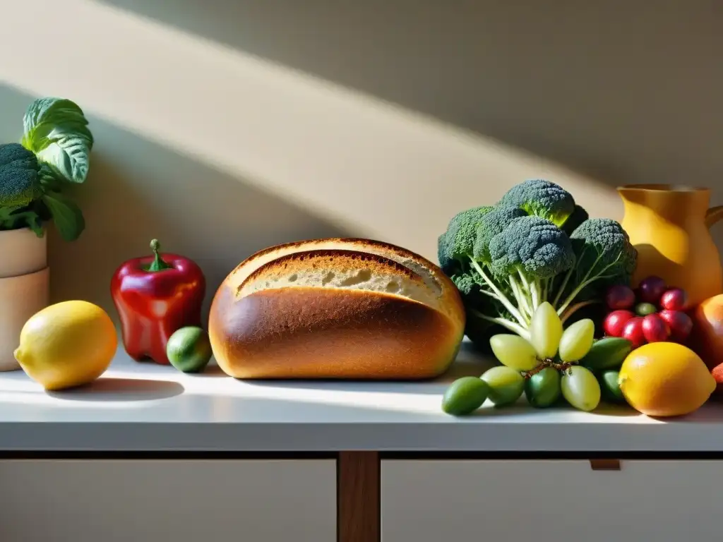 Una cocina serena bañada por el sol con frutas, verduras y pan sin gluten recién horneado