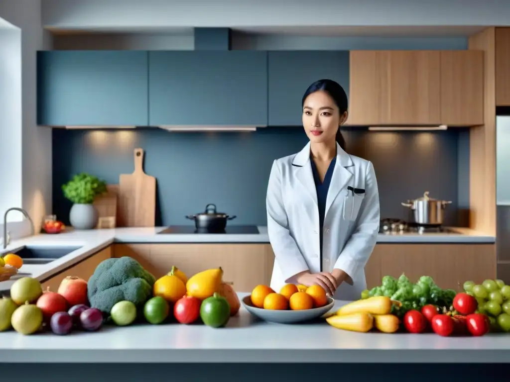 Una cocina serena con frutas y verduras, una nutricionista escuchando a una mujer