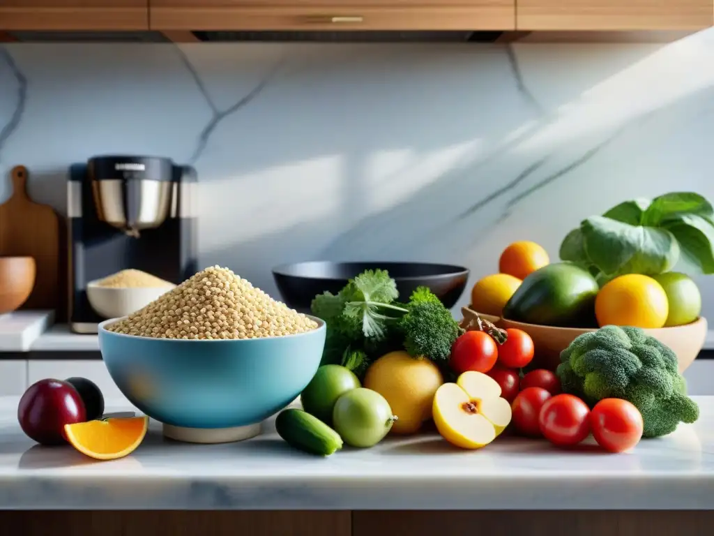 Una cocina serena con frutas y verduras coloridas, luz natural y libros de cocina, evocando preparación mental para cocina sin gluten