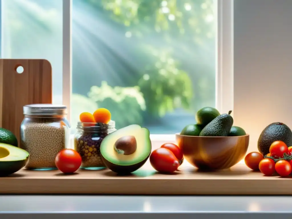 Una cocina serena con frutas, verduras y granos sin gluten