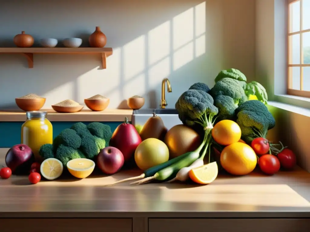 Una cocina serena con frutas, verduras y granos sin gluten, bañada en luz dorada