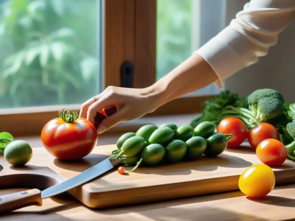 Cocina serena con frutas y verduras coloridas en tabla de madera, cuchillos brillantes