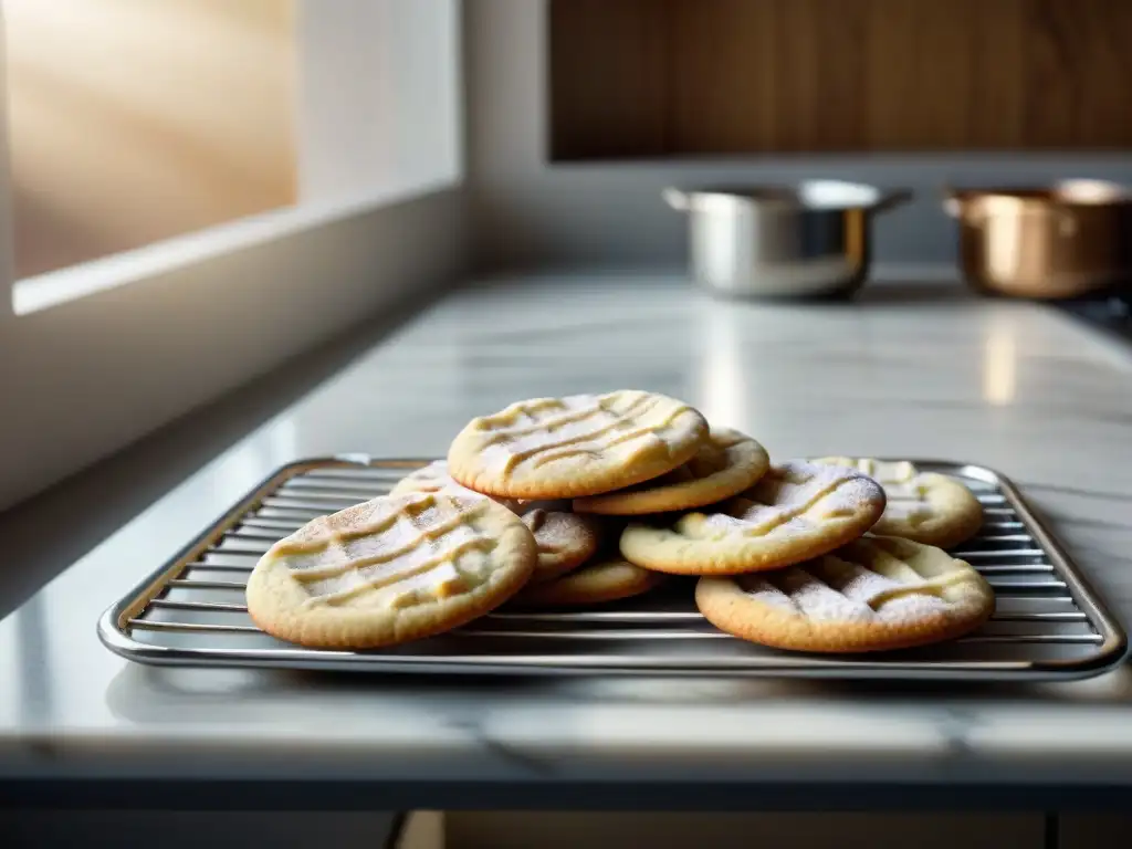 Una cocina serena con galletas sin gluten fáciles y rápidas recién horneadas en una encimera de mármol