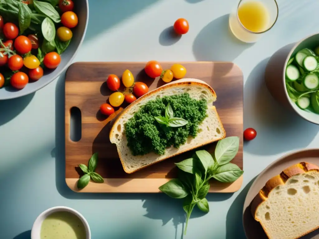 Una cocina serena iluminada naturalmente, con mesa de madera rústica repleta de coloridas recetas sin gluten fáciles