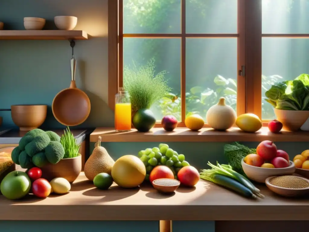 Una cocina serena iluminada por el sol con mesa de madera llena de frutas, verduras y granos sin gluten