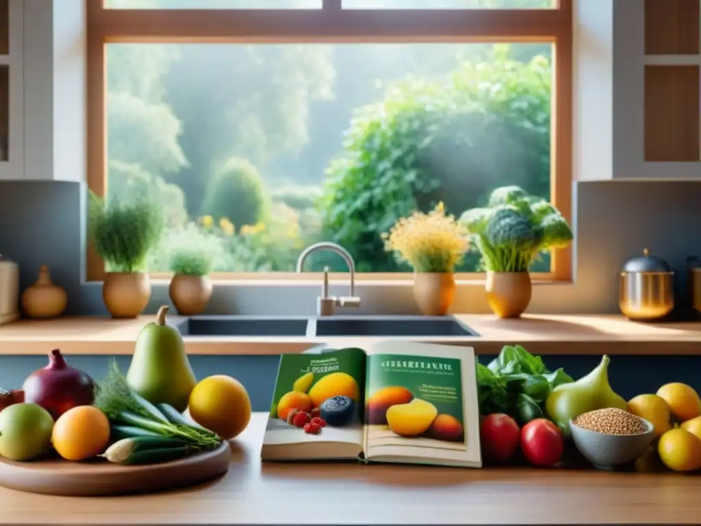 Una cocina serena iluminada por el sol, con una mesa de madera llena de frutas, verduras y granos sin gluten