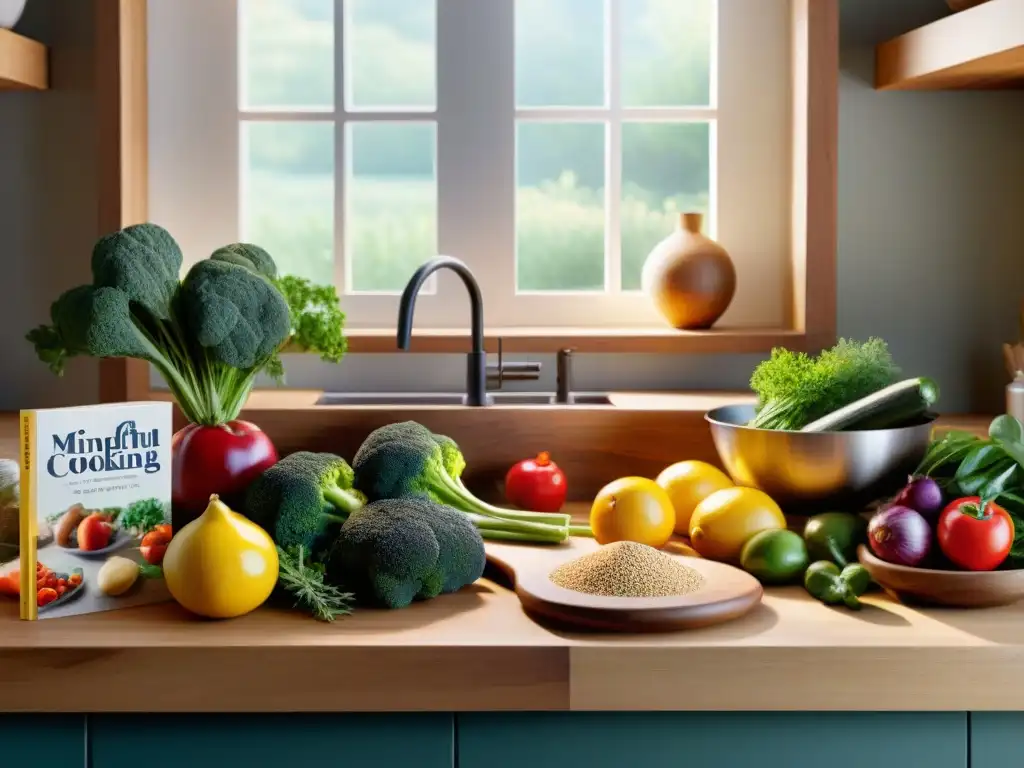 Una cocina serena con ingredientes sin gluten coloridos y frescos, una ventana iluminando la escena