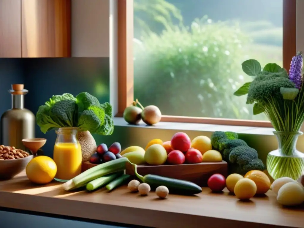 Una cocina serena con ingredientes sin gluten, frutas, verduras y frutos secos en una encimera de madera