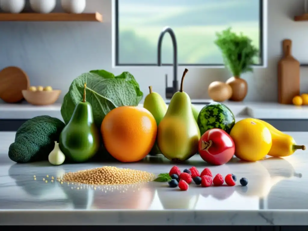 Una cocina serena con ingredientes sin gluten para bienestar, frutas vibrantes y verduras coloridas en un elegante mostrador de mármol