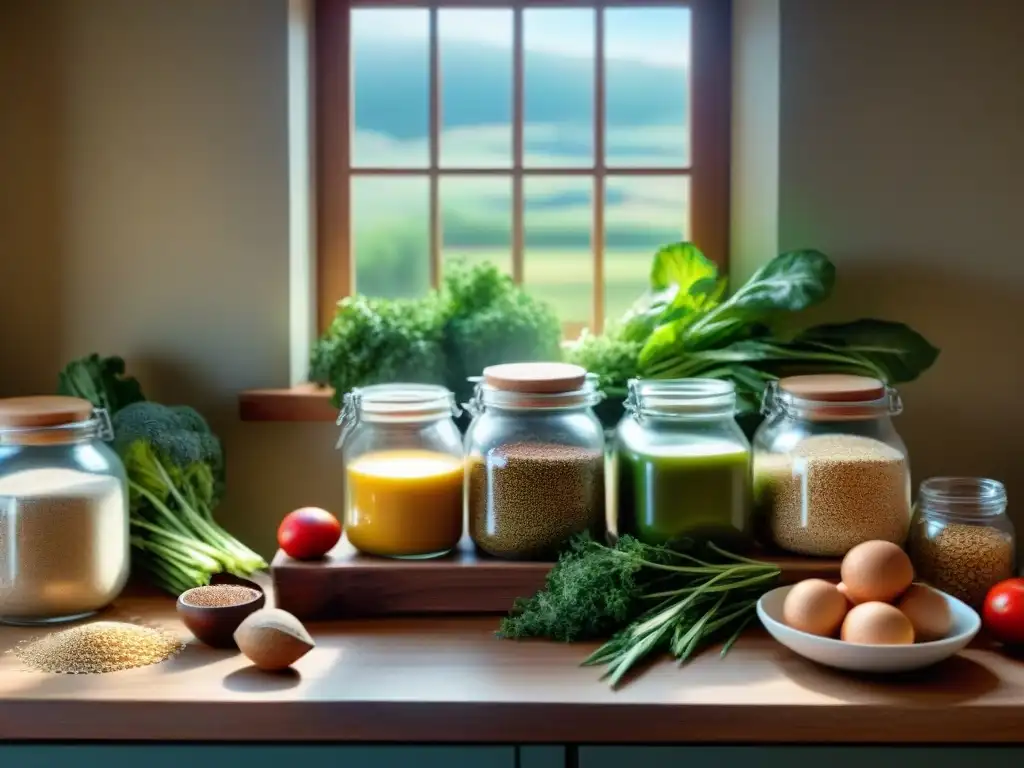 Una cocina serena con ingredientes sin gluten para cocinar, en una mesa de madera rústica