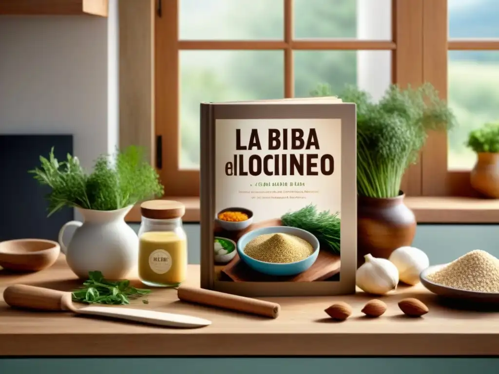 Una cocina serena con ingredientes sin gluten en un mostrador de madera, destacando 'La Biblia del Cocinero Sin Gluten'