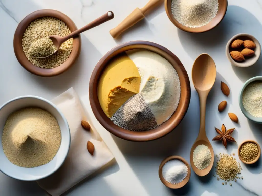 Una cocina serena con ingredientes sin gluten para panadería en un elegante mostrador de mármol blanco