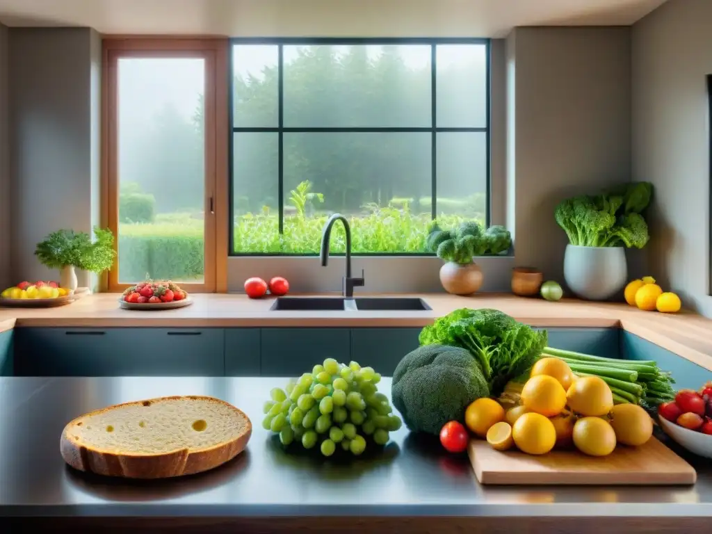 Una cocina serena llena de frutas y verduras coloridas, con panes sin gluten y Paleo recién horneados en una mesa de madera rústica