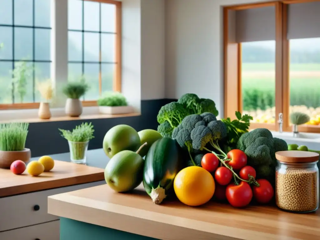 Una cocina serena llena de frutas, verduras y granos coloridos, transmitiendo mindfulness y cocina sin gluten con alegría