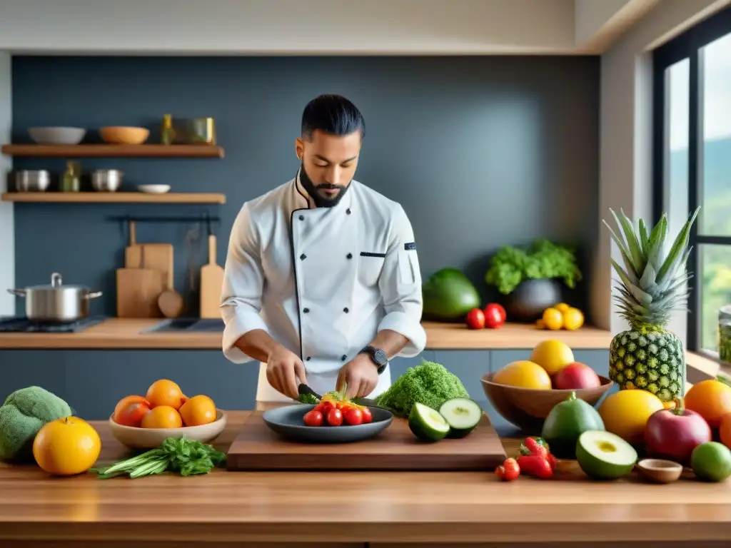 Una cocina serena llena de luz natural, con alimentos coloridos en la encimera de madera