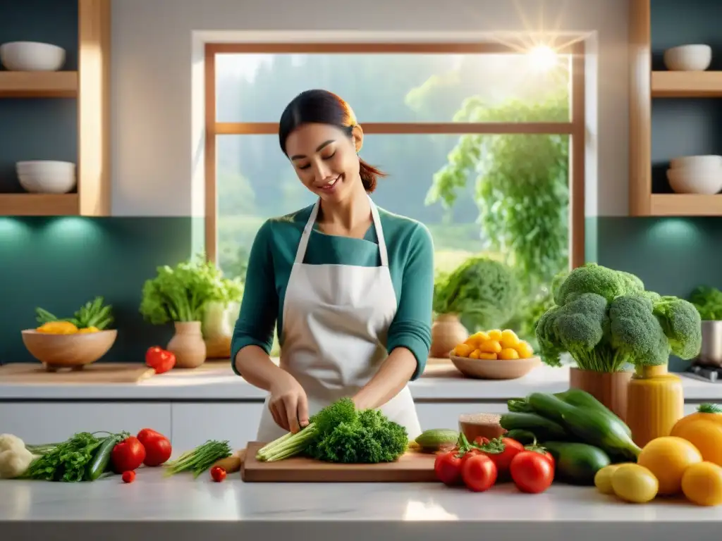 Una cocina serena llena de vegetales y frutas frescas, con una mujer cocinando feliz una comida sin gluten